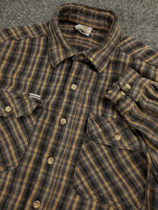 Cadhartt Flannel Shirt Mens Large Plaid Button Up Brown Gray Vintage Distressed - Picture 10 of 10